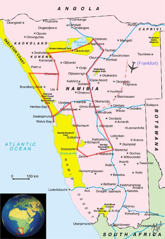 Namibia_circuitMM.JPG - Après des années de colonisation et d'apartheid (Angleterre, Allemagne, Afrique du sud), la Namibie n'a proclamé son indépendance qu'en 1990... ici mon circuit perso de 12 jours.