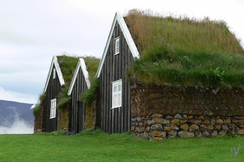 060731_Islande_FermeTourbe_Holar_261.JPG - Des briques de tourbes sont agencées pour former les murs, et un tapis de pelouse est déroulé sur la charpente du toit. De part sa porosité, la tourbe est un très bon isolant thermique.