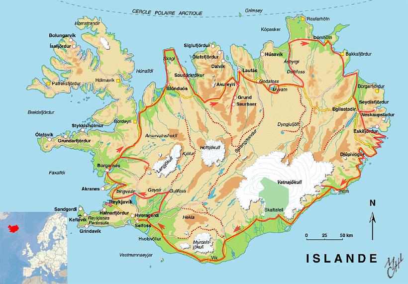 islandeMM01Traits.JPG - L’Islande est sur la dorsale médio-océanique entre l’Europe et l’Amérique (la partie nord-ouest de l'île est sur la plaque américaine et la partie sud-est sur la plaque eurasiatique). D’où le grand nombre de tremblements de terre et de volcans. 10 % de l'île est recouverte de glaciers. L'île compte 320.000 habitants. Plus de la moitié vit à Reykjavík et dans le sud-Ouest . En rouge mon circuit.