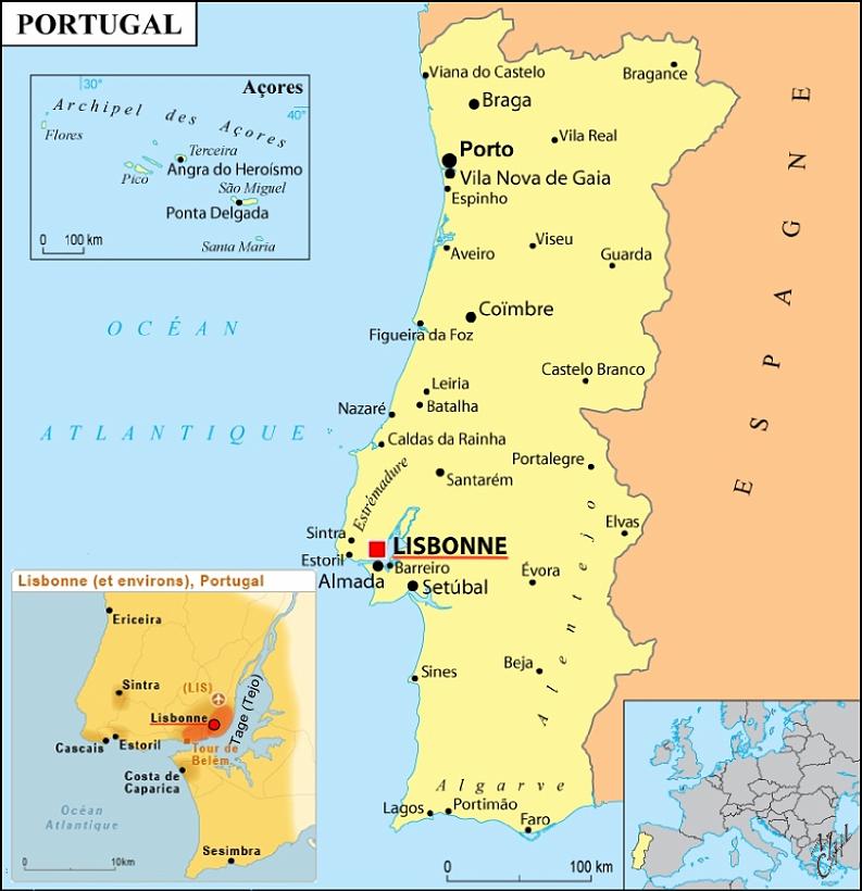 LisbonnePortugal_MM.jpg - Du 15ème au 16ème siècle, le Portugal ("petit pays" qui ne fait que 1/6e de la France) fut la plus grande puissance mondiale. Lisbonne (avec 825.000 habitants) est située sur l'embouchure du Tage. C'est la plus grande ville du pays et la capitale la plus occidentale d'Europe continentale.